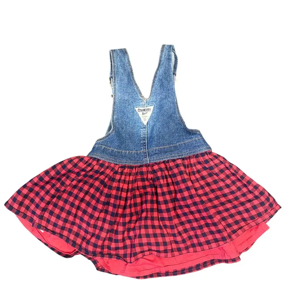 OshKosh B'gosh Overalls Dress 3T Toddler Blue Red Checkered Vestbak Denim Jumper